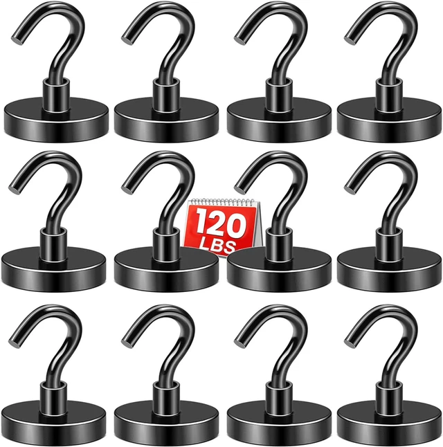 Main image of Magnetic Hooks,120lbs Heavy Duty Magnets with Hook Black 12 Pack Rare Earth N52 2026 Cruise Cabin Ship Essentials for Fridge Hanging Classroom Beach Vacation Kitchen Grills Home Must Have