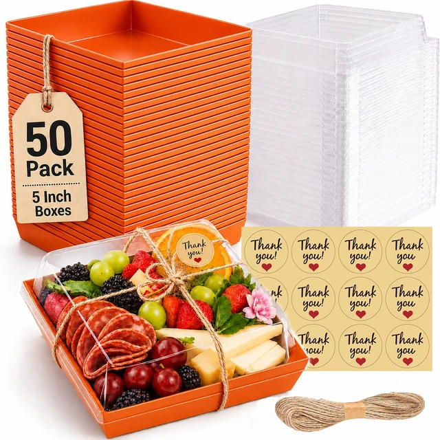Main image of 50 Pack 5in Small Charcuterie Boxes with Clear Lids, Mini Paper Containers Disposable Grease-Proof Dessert Packaging, Food Containers For Charcuterie, Bakery, Cookies, Pastry, Cake Slice, Strawberries