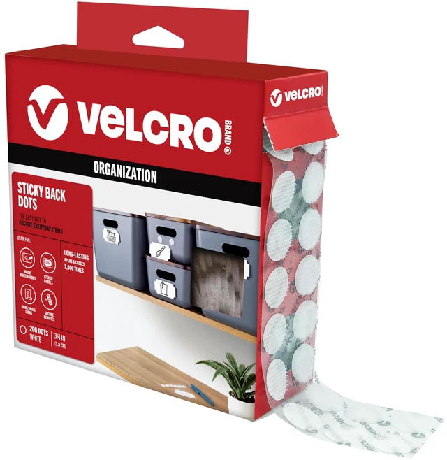 Main image of Dots with Adhesive, White, Medium 3/4 in Circles, 200 Pk Sticky Back Round Hook and Loop Closures for Organizing, Arts and Crafts, School Projects, Office Applications