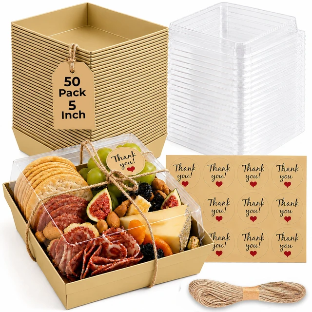 Main image of 50 Pack 5in Small Charcuterie Boxes with Clear Lids, Mini Paper Containers Disposable Grease-Proof Dessert Packaging, Food Containers For Charcuterie, Bakery, Cookies, Pastry, Cake Slice, Strawberries
