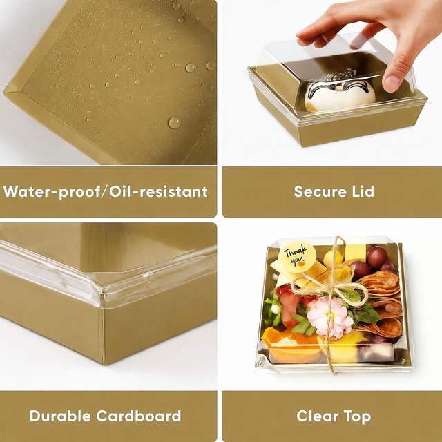 Alt view image 4 of 6 - 50 Pack 5in Small Charcuterie Boxes with Clear Lids, Mini Paper Containers Disposable Grease-Proof Dessert Packaging, Food Containers For Charcuterie, Bakery, Cookies, Pastry, Cake Slice, Strawberries