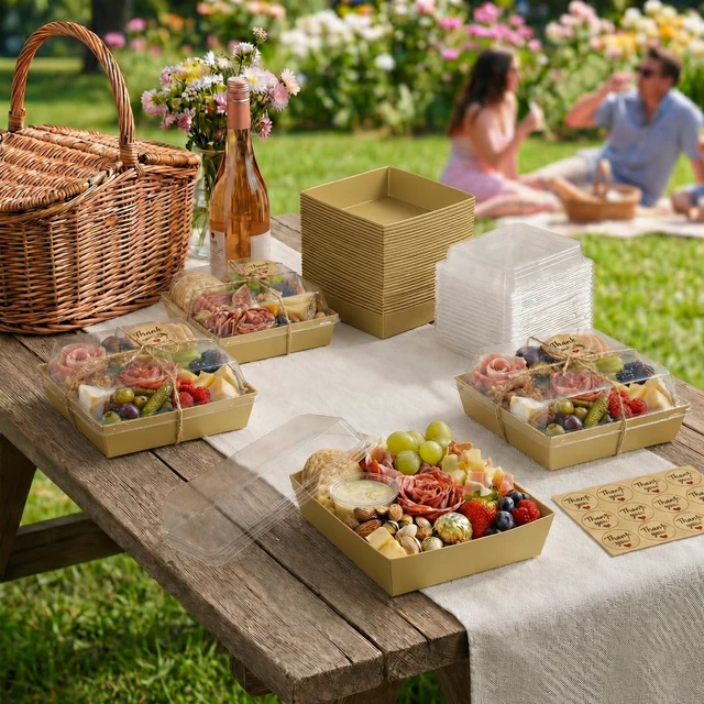 Alt view image 6 of 6 - 50 Pack 5in Small Charcuterie Boxes with Clear Lids, Mini Paper Containers Disposable Grease-Proof Dessert Packaging, Food Containers For Charcuterie, Bakery, Cookies, Pastry, Cake Slice, Strawberries