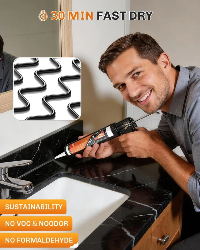 Alt view image 4 of 7 - Black Silicone Caulk, 100% Waterproof Silicone Sealant Adhesive Caulking,for RV, Kitchen,Bathroom, Window, Door, Glass, Auto Leak Sealing 10.2FL.OZ/300ML4 Pack