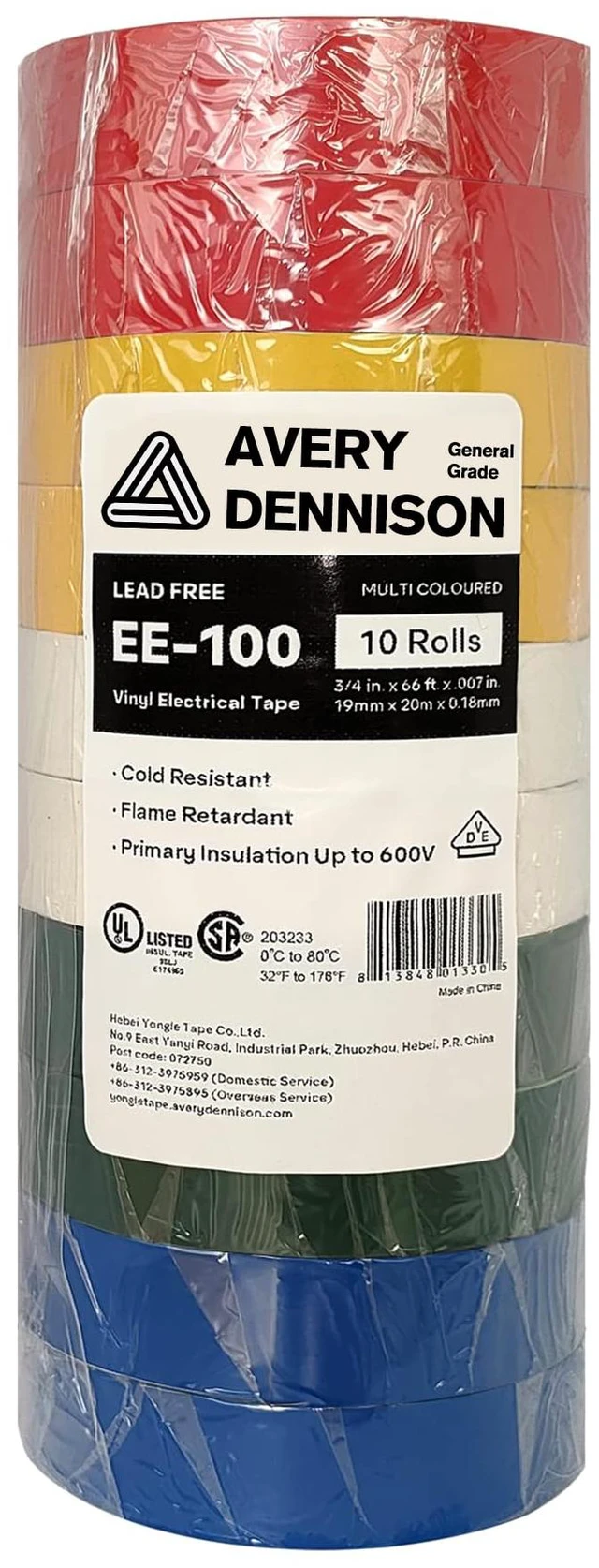 Main image of Electrical Tape, 10 Rolls General Use PVC Electric Tape, UL/CSA Listed ¾ in x 66 ft Insulating Vinyl Tape for Electrical, Repairs, Automotive and Equipment, EE-100, Multi Colored