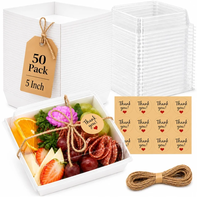 Main image of 50 Pack 5in Small Charcuterie Boxes with Clear Lids, Mini Paper Containers Disposable Grease-Proof Dessert Packaging, Food Containers For Charcuterie, Bakery, Cookies, Pastry, Cake Slice, Strawberries