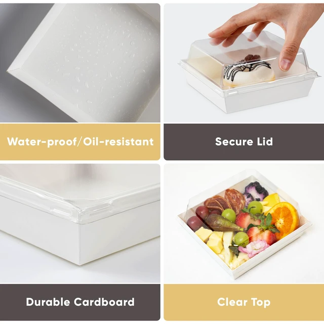 Alt view image 4 of 6 - 50 Pack 5in Small Charcuterie Boxes with Clear Lids, Mini Paper Containers Disposable Grease-Proof Dessert Packaging, Food Containers For Charcuterie, Bakery, Cookies, Pastry, Cake Slice, Strawberries