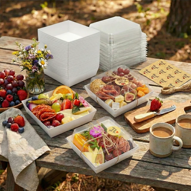 Alt view image 5 of 6 - 50 Pack 5in Small Charcuterie Boxes with Clear Lids, Mini Paper Containers Disposable Grease-Proof Dessert Packaging, Food Containers For Charcuterie, Bakery, Cookies, Pastry, Cake Slice, Strawberries