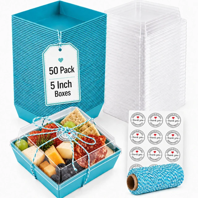 Main image of 50 Pack 5in Small Charcuterie Boxes with Clear Lids, Mini Paper Containers Disposable Grease-Proof Dessert Packaging, Food Containers For Charcuterie, Bakery, Cookies, Pastry, Cake Slice, Strawberries