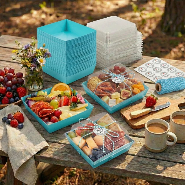 Alt view image 5 of 6 - 50 Pack 5in Small Charcuterie Boxes with Clear Lids, Mini Paper Containers Disposable Grease-Proof Dessert Packaging, Food Containers For Charcuterie, Bakery, Cookies, Pastry, Cake Slice, Strawberries