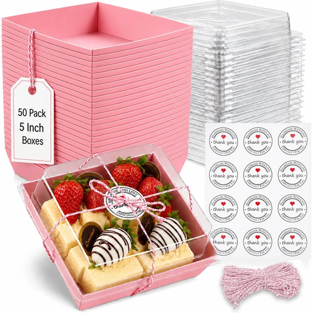 Main image of 50 Pack 5in Small Clear Treat Boxes, Disposable Paper Dessert Boxes To Go Grease-Proof Charcuterie Containers, Mini Food Packaging For Cookies, Cake Slice, Pastry, Strawberry, Baked Goods