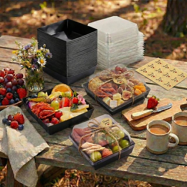Alt view image 5 of 6 - 50 Pack 5in Small Charcuterie Boxes with Clear Lids, Mini Paper Containers Disposable Grease-Proof Dessert Packaging, Food Containers For Charcuterie, Bakery, Cookies, Pastry, Cake Slice, Strawberries