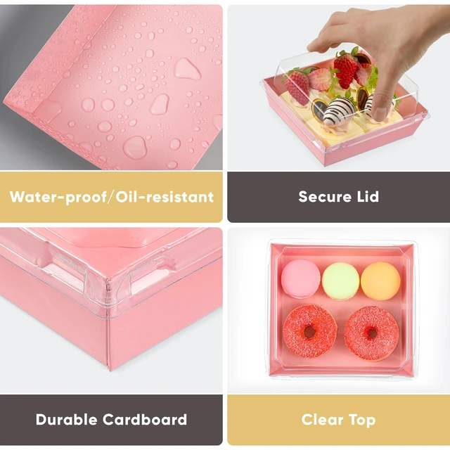 Alt view image 4 of 6 - 50 Pack 5in Small Clear Treat Boxes, Disposable Paper Dessert Boxes To Go Grease-Proof Charcuterie Containers, Mini Food Packaging For Cookies, Cake Slice, Pastry, Strawberry, Baked Goods