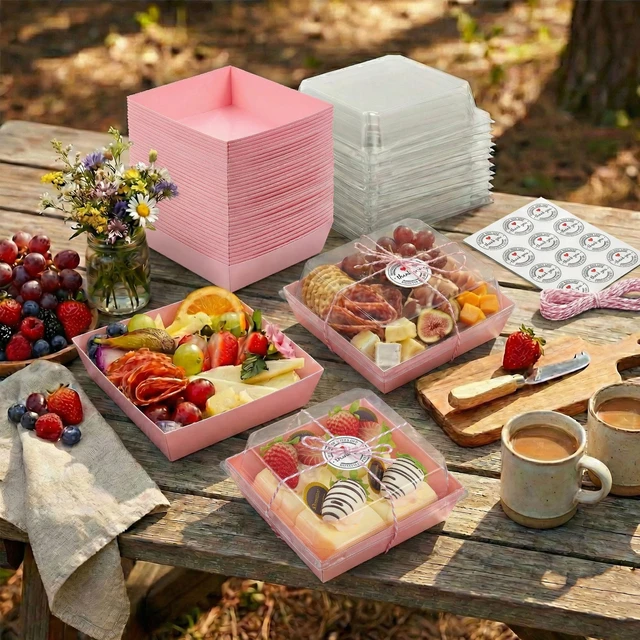 Alt view image 5 of 6 - 50 Pack 5in Small Clear Treat Boxes, Disposable Paper Dessert Boxes To Go Grease-Proof Charcuterie Containers, Mini Food Packaging For Cookies, Cake Slice, Pastry, Strawberry, Baked Goods