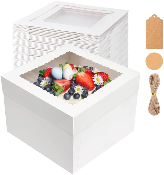 Main image of 30 Pack Cake Boxes, 12x12x8 Inch White Cake Transport Container 12 inch Tall Cake Box with Stickers, Thick Cardboard, Cake Holder with Clear Window, for Birthday Wedding Party