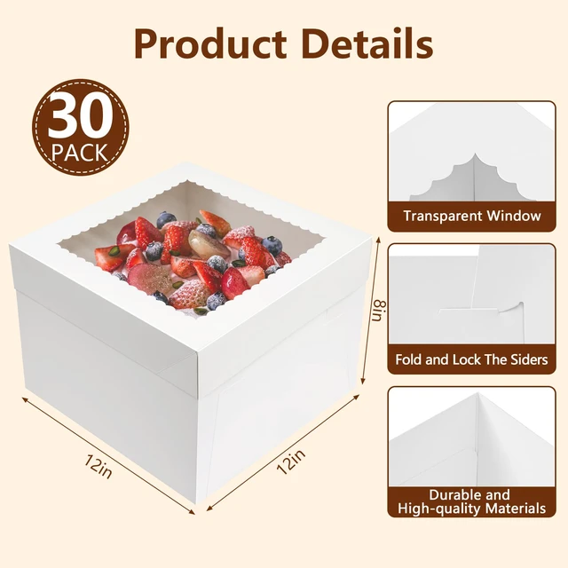 Alt view image 6 of 7 - 30 Pack Cake Boxes, 12x12x8 Inch White Cake Transport Container 12 inch Tall Cake Box with Stickers, Thick Cardboard, Cake Holder with Clear Window, for Birthday Wedding Party