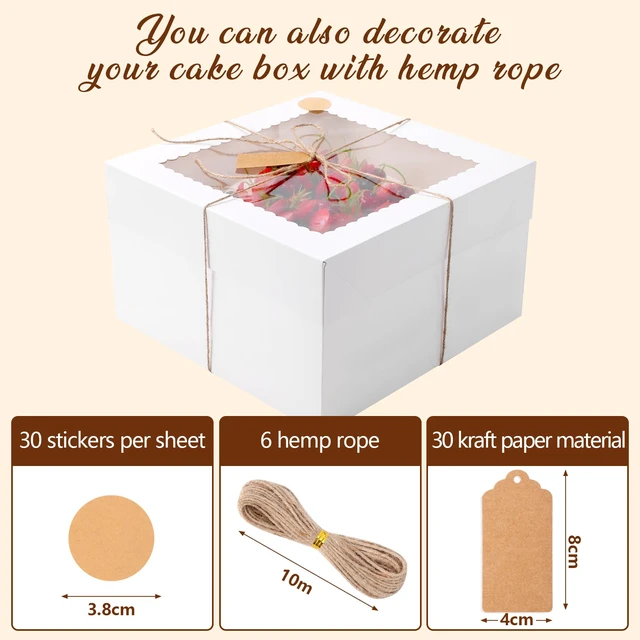 Alt view image 5 of 7 - 30 Pack Cake Boxes, 12x12x8 Inch White Cake Transport Container 12 inch Tall Cake Box with Stickers, Thick Cardboard, Cake Holder with Clear Window, for Birthday Wedding Party