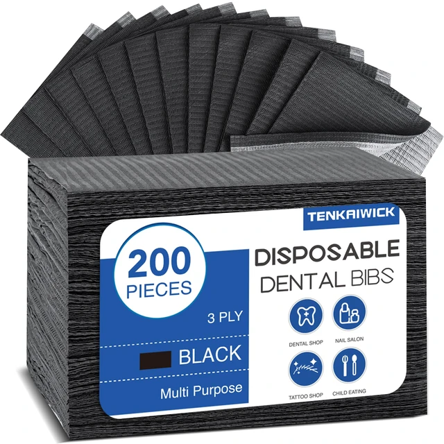 Main image of 200 Pack Disposable Dental Bibs 13"x18", 3-Ply Waterproof Tattoo Bibs Sheet for Nail Salon, Dental Clinic, Feeding, Tattoo Shop (Black)