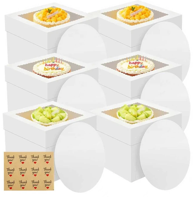 Main image of 6 Pack Cake Boxes with Window, 10x10x8 Inches, for Wedding Birthday White Tall Cake Box, with 6 Cake Boards, Large Window Top, Disposable Cakes Transport Containers with Lids, for Cookie, Pies