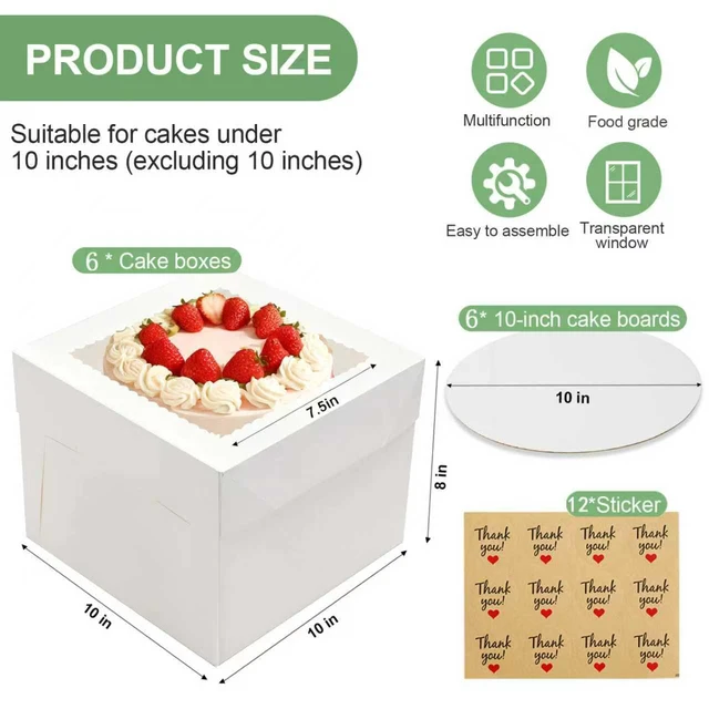 Alt view image 2 of 7 - 6 Pack Cake Boxes with Window, 10x10x8 Inches, for Wedding Birthday White Tall Cake Box, with 6 Cake Boards, Large Window Top, Disposable Cakes Transport Containers with Lids, for Cookie, Pies