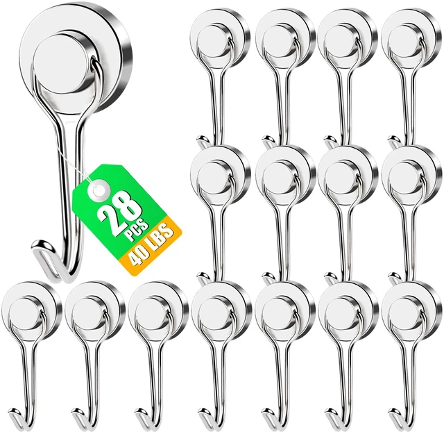 Main image of Magnetic Hooks 28 Pack 40Lbs Heavy Duty Neodymium Magnet Hook Magnetic Swivel Hooks for Hanging Rust Proof Strong Magnets with Hook Magnetic Metal Hanger for Storage