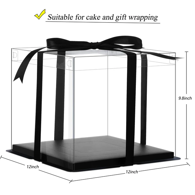 Alt view image 3 of 7 - 6Pcs Tall Cake Boxes Clear cake Box with Ribbon, 12x12x 10inch,Ideal for Large 10" and 12" Inch Tall Layer Tiered Cakes and Clear Gift Boxes for Wedding Party and Gift Display - Black