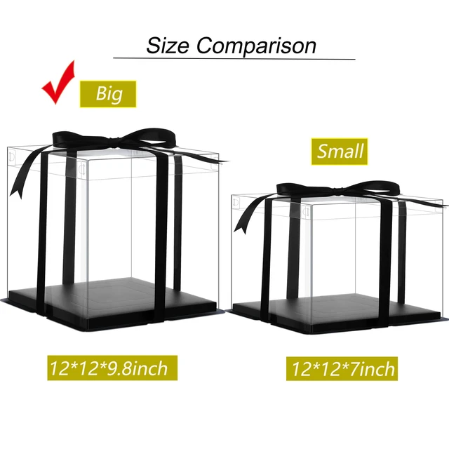 Alt view image 6 of 7 - 6Pcs Tall Cake Boxes Clear cake Box with Ribbon, 12x12x 10inch,Ideal for Large 10" and 12" Inch Tall Layer Tiered Cakes and Clear Gift Boxes for Wedding Party and Gift Display - Black