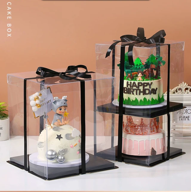 Alt view image 7 of 7 - 6Pcs Tall Cake Boxes Clear cake Box with Ribbon, 12x12x 10inch,Ideal for Large 10" and 12" Inch Tall Layer Tiered Cakes and Clear Gift Boxes for Wedding Party and Gift Display - Black