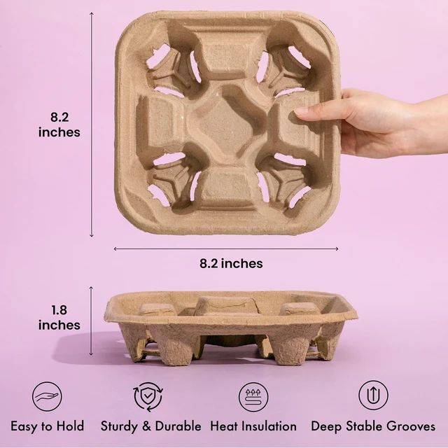 Alt view image 3 of 7 - 4 Cup Disposable Drink Carrier Trays, 80 Pack Compostable Pulp Fiber Cup Holder for 8-32 oz Cup, Durable to Go Coffee Cup Holders for Delivery Service, Uber Eats