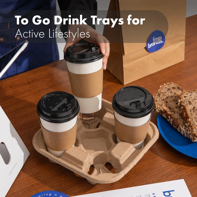 Alt view image 4 of 7 - 4 Cup Disposable Drink Carrier Trays, 80 Pack Compostable Pulp Fiber Cup Holder for 8-32 oz Cup, Durable to Go Coffee Cup Holders for Delivery Service, Uber Eats