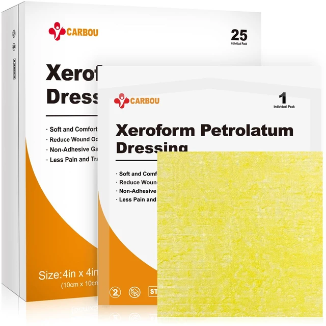 Main image of 4"x4" Medical Xeroform Petrolatum Dressing, 25 Pack, Non-Stick Gauze Breathable Gentle, Soft Fine Mesh Gauze Patch for Wound Care, Burns, Lacerations, Skin Grafts & Surgical Incisions