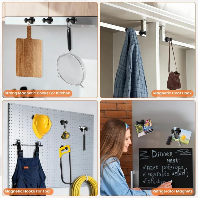 Alt view image 6 of 7 - Magnetic Hooks 16 PCS 150lb Magnet Hook Cruise Cabins (Black) Essentials Heavy Duty Wreath Hanger Strong Magnets for Classroom Whiteboard Wreath Coat Hanging Garage Cruise Ship Camping