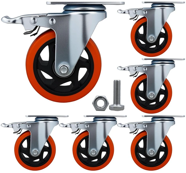 Main image of Htudcue 4 Inch Heavy Duty Casters 6 Pack, 3300 lbs Per 6 Orange Wheels, Plate Mount Swivel Casters with Brakes for Heavy Equipment & Tool Cabinets