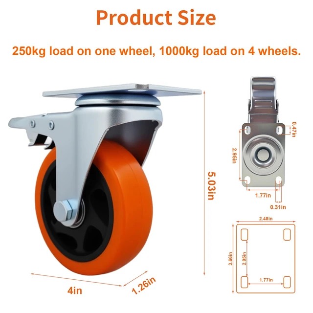 Alt view image 2 of 6 - Htudcue 4 Inch Heavy Duty Casters 6 Pack, 3300 lbs Per 6 Orange Wheels, Plate Mount Swivel Casters with Brakes for Heavy Equipment & Tool Cabinets