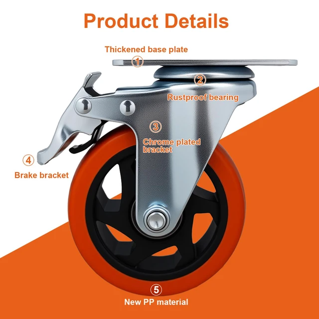 Alt view image 3 of 6 - Htudcue 4 Inch Heavy Duty Casters 6 Pack, 3300 lbs Per 6 Orange Wheels, Plate Mount Swivel Casters with Brakes for Heavy Equipment & Tool Cabinets