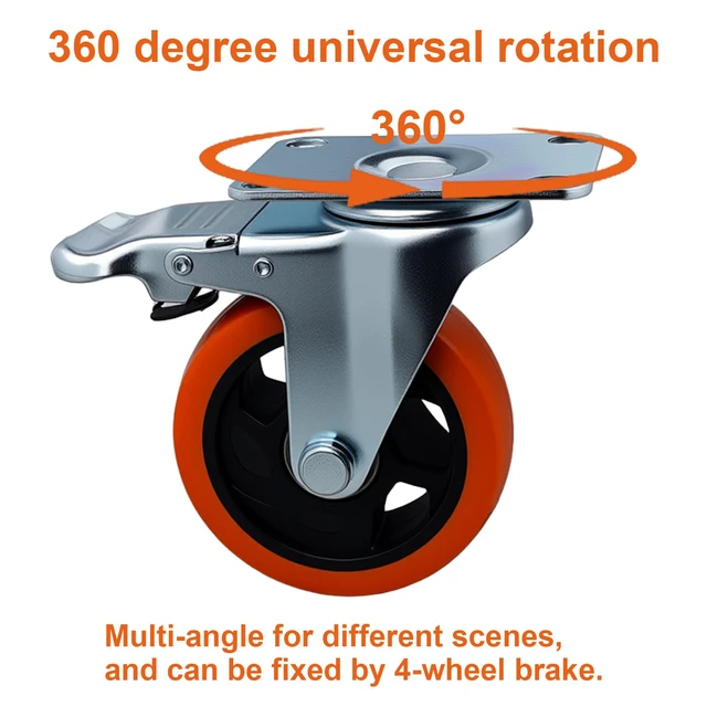 Alt view image 4 of 6 - Htudcue 4 Inch Heavy Duty Casters 6 Pack, 3300 lbs Per 6 Orange Wheels, Plate Mount Swivel Casters with Brakes for Heavy Equipment & Tool Cabinets