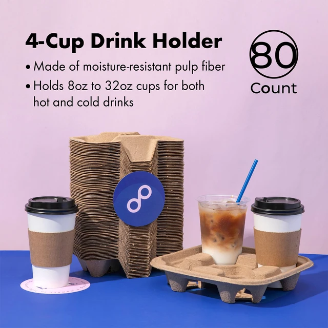 Alt view image 7 of 7 - 4 Cup Disposable Drink Carrier Trays, 80 Pack Compostable Pulp Fiber Cup Holder for 8-32 oz Cup, Durable to Go Coffee Cup Holders for Delivery Service, Uber Eats