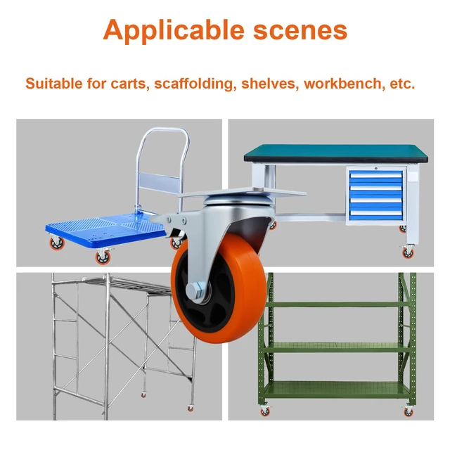 Alt view image 6 of 6 - Htudcue 4 Inch Heavy Duty Casters 6 Pack, 3300 lbs Per 6 Orange Wheels, Plate Mount Swivel Casters with Brakes for Heavy Equipment & Tool Cabinets
