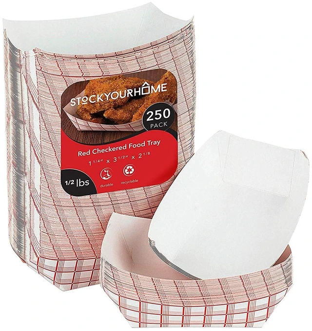 Main image of Extra Small Paper Food Boats (250 Pack) 0.5 lb Disposable Red & White Checkered Paper Trays, Eco-Friendly Serving Boats for Concession Food & Condiments, 3.75" x 2"