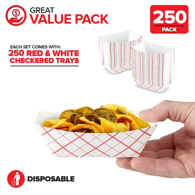 Alt view image 2 of 7 - Extra Small Paper Food Boats (250 Pack) 0.5 lb Disposable Red & White Checkered Paper Trays, Eco-Friendly Serving Boats for Concession Food & Condiments, 3.75" x 2"