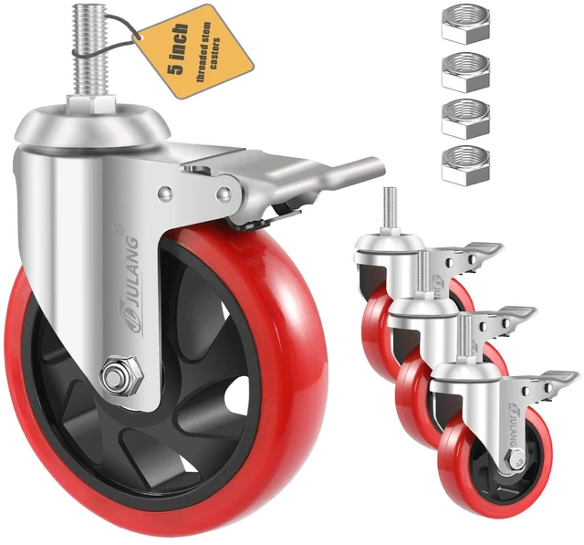 Main image of 5 inch Caster Wheels 1/2" Threaded Stem Casters Set of 4 Heavy Duty 1600 Lbs, 1/2"-13x1.25", Smooth & Quiet-Rolling, Castor Wheels for Wire Shelving, Cart, Tool Box, Workbenche, Furniture