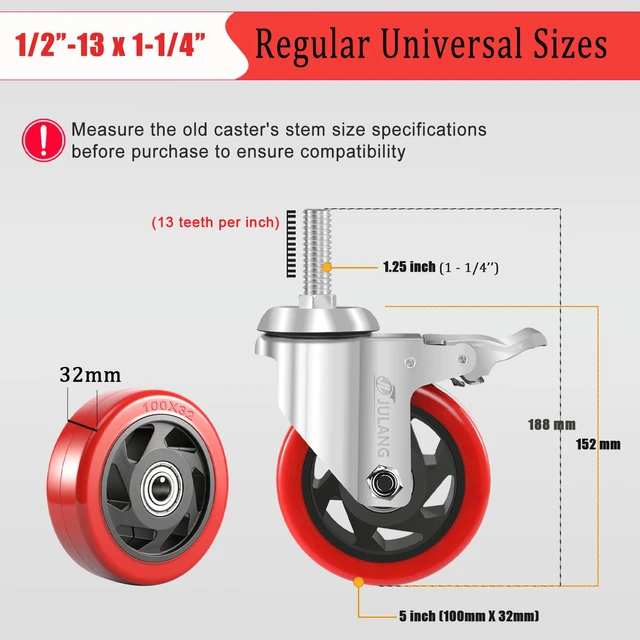 Alt view image 3 of 7 - 5 inch Caster Wheels 1/2" Threaded Stem Casters Set of 4 Heavy Duty 1600 Lbs, 1/2"-13x1.25", Smooth & Quiet-Rolling, Castor Wheels for Wire Shelving, Cart, Tool Box, Workbenche, Furniture