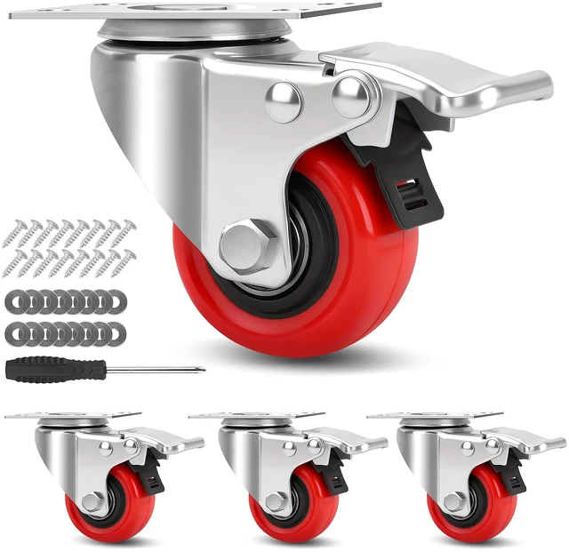 Main image of 2 Inch Industrial Heavy Duty Swivel Caster Wheels with Brake,Set of 4 Safety Locking Casters,Load 600lbs,Premium Polyurethane Wheels for Table,Trailer,Saw Table,Stage Toolbox,Bed,Corn Board