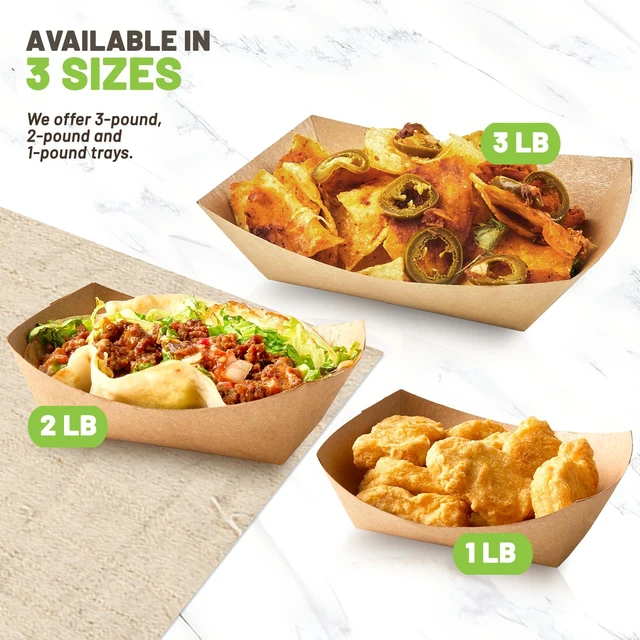 Alt view image 6 of 7 - 100 Pack 3 Lb Paper Food Trays Disposable, Kraft Paper, Nacho Trays, Food Boats, Taco Holders, Party Serving Baskets, For Hot Dogs Snacks Tacos Fries