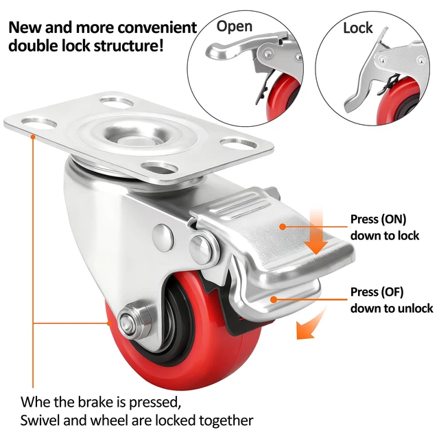Alt view image 2 of 6 - 2 Inch Industrial Heavy Duty Swivel Caster Wheels with Brake,Set of 4 Safety Locking Casters,Load 600lbs,Premium Polyurethane Wheels for Table,Trailer,Saw Table,Stage Toolbox,Bed,Corn Board