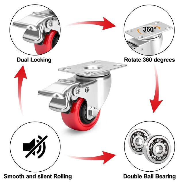 Alt view image 3 of 6 - 2 Inch Industrial Heavy Duty Swivel Caster Wheels with Brake,Set of 4 Safety Locking Casters,Load 600lbs,Premium Polyurethane Wheels for Table,Trailer,Saw Table,Stage Toolbox,Bed,Corn Board