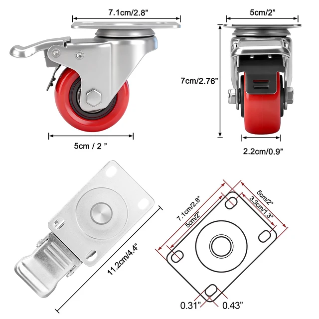 Alt view image 4 of 6 - 2 Inch Industrial Heavy Duty Swivel Caster Wheels with Brake,Set of 4 Safety Locking Casters,Load 600lbs,Premium Polyurethane Wheels for Table,Trailer,Saw Table,Stage Toolbox,Bed,Corn Board
