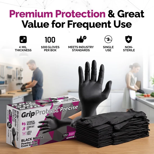 Alt view image 2 of 7 - Precise Black Nitrile Gloves 4 Mil, Chemical Resistant Gloves XLarge Textured Grip for Mechanics, Tattoos, Food Prep & Cleaning Medical Grade Disposable Gloves