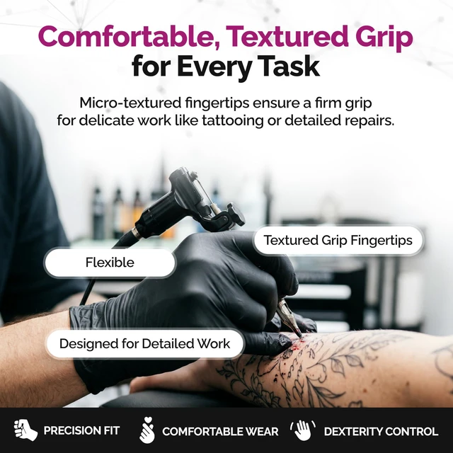 Alt view image 3 of 7 - Precise Black Nitrile Gloves 4 Mil, Chemical Resistant Gloves XLarge Textured Grip for Mechanics, Tattoos, Food Prep & Cleaning Medical Grade Disposable Gloves