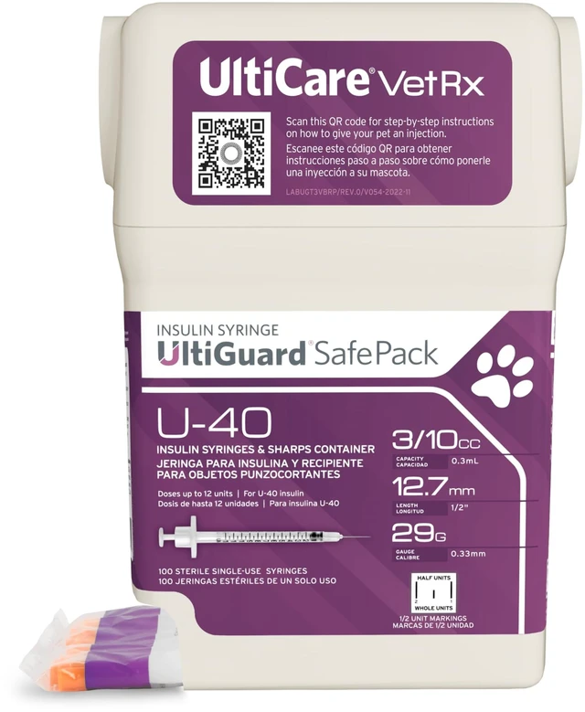 Main image of UltiGuard Safe Pack U-40 Pet Insulin Syringes, 3/10cc, 29G x 1/2", 100Ct HU VetRx All-in-One Insulin Syringes and Sharps Container, Works with Any U-40 Strength Insulin for Dogs or Cats; HU