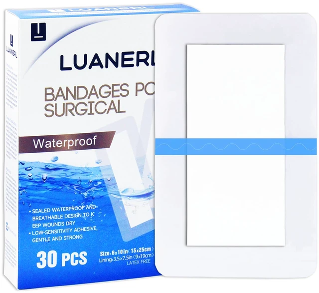 Main image of 30 Pack 6"x10" Waterproof Adhesive Island Dressing for Post-Surgery Recovery | Sterile Bordered Gauze Bandages with Non-Stick Pad for Knee/Hip Replacement, Surgical Incision Care & Shower Protection